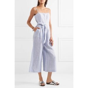 J.Crew Blue White Pinstripe Linen Cotton Cropped Wide Leg Jumpsuit Sz 2 Coastal